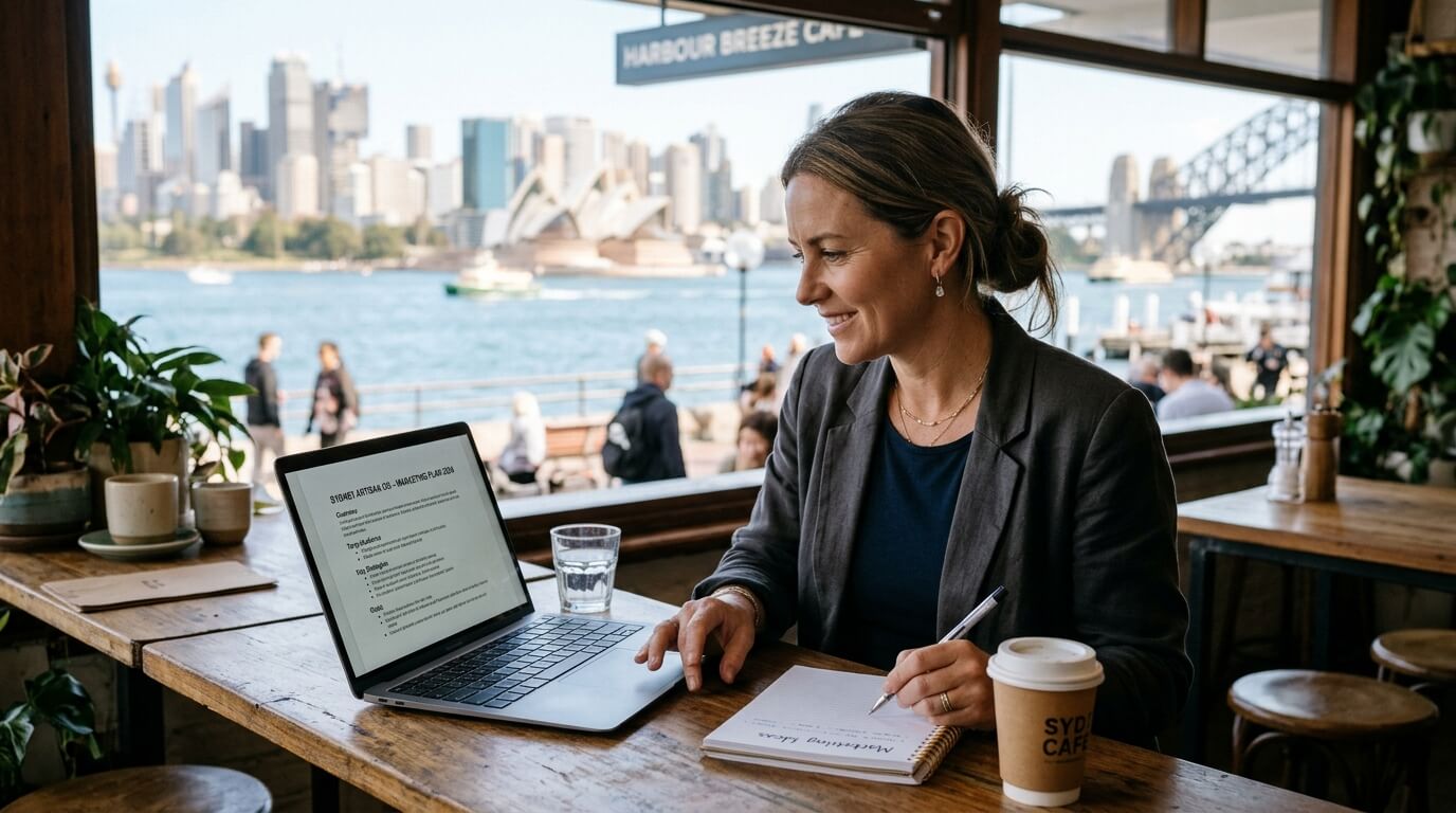 Sydney small business owner planning a digital marketing strategy on a laptop.
