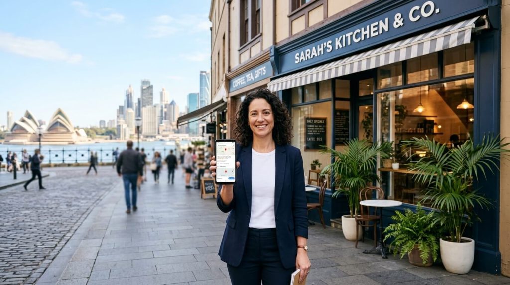 Sydney business owner reviewing their Google Business Profile on a smartphone outside a local shopfront.