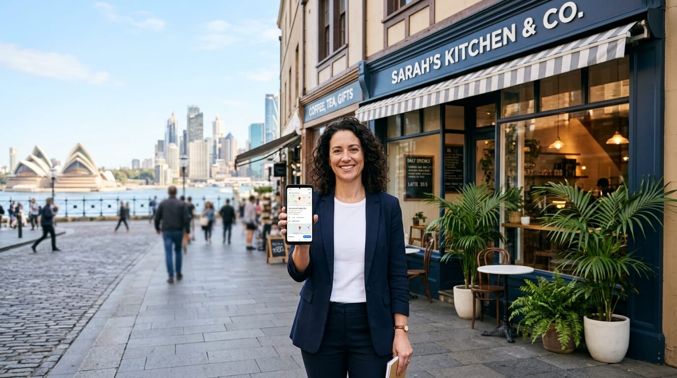 Sydney business owner reviewing their Google Business Profile on a smartphone outside a local shopfront.