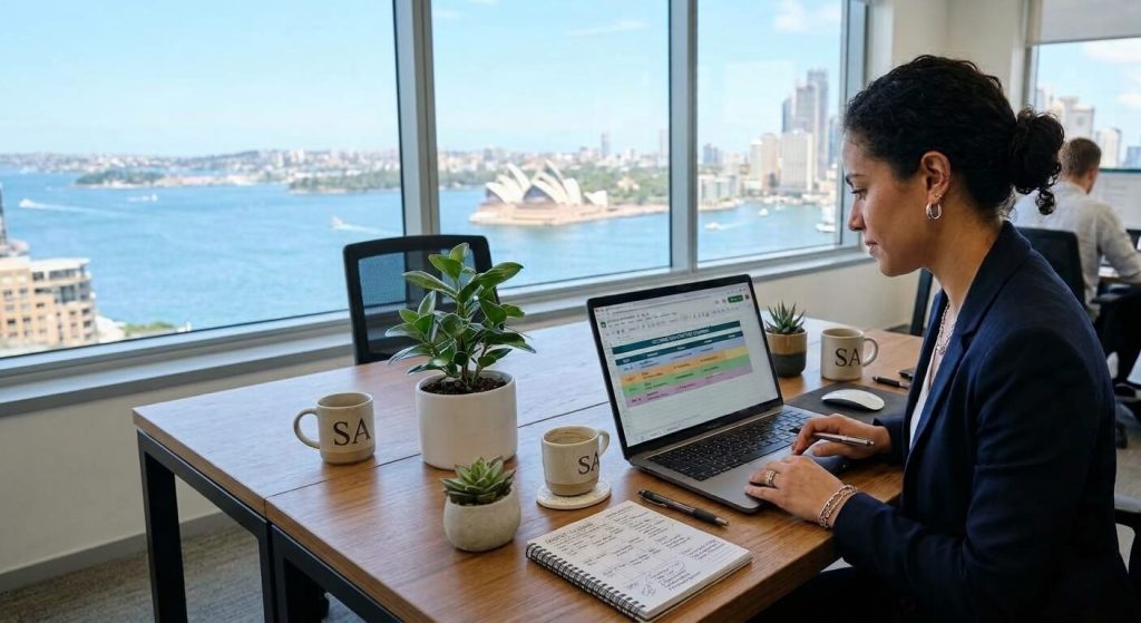 Notebook and laptop showing content calendar notes for a small business