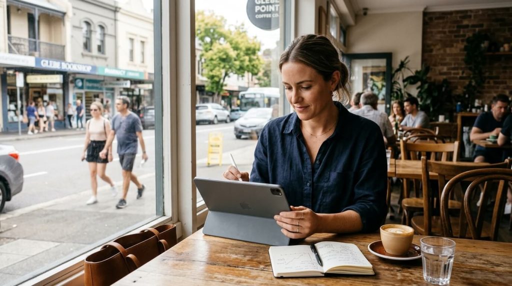 Sydney small business owner planning authentic brand storytelling content at a local café table.