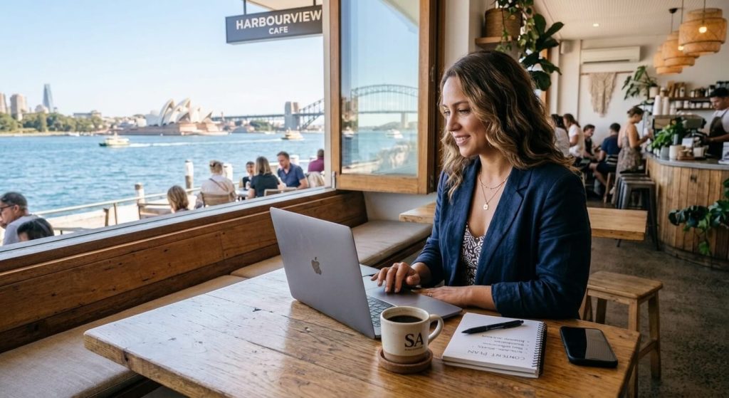 Sydney small business owner reviewing content ideas on a laptop in a local cafe