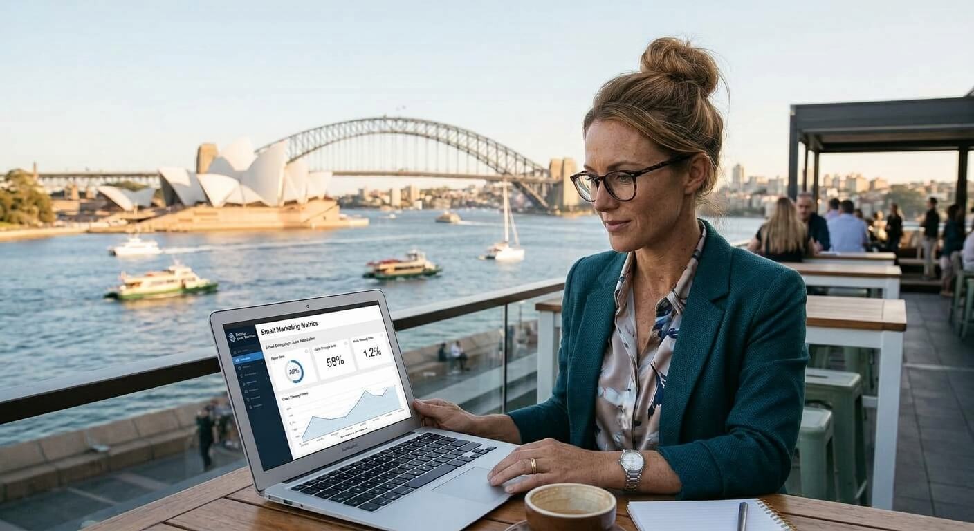 Small business owner in Sydney reviewing email marketing metrics on a laptop
