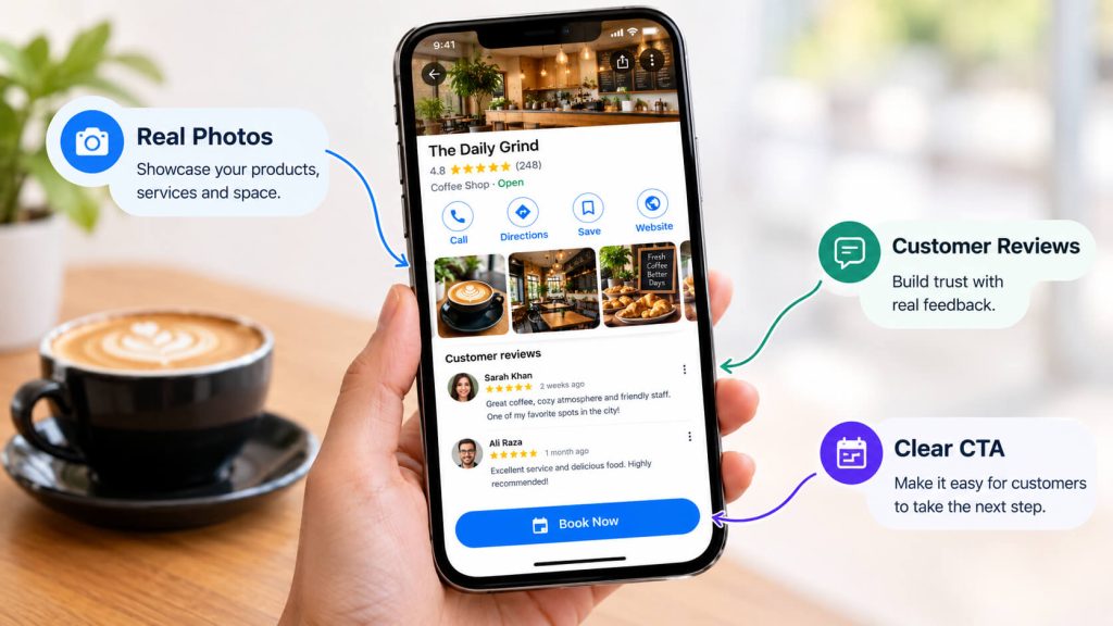 Phone screen showing local business photos, customer comments and a clear call to action