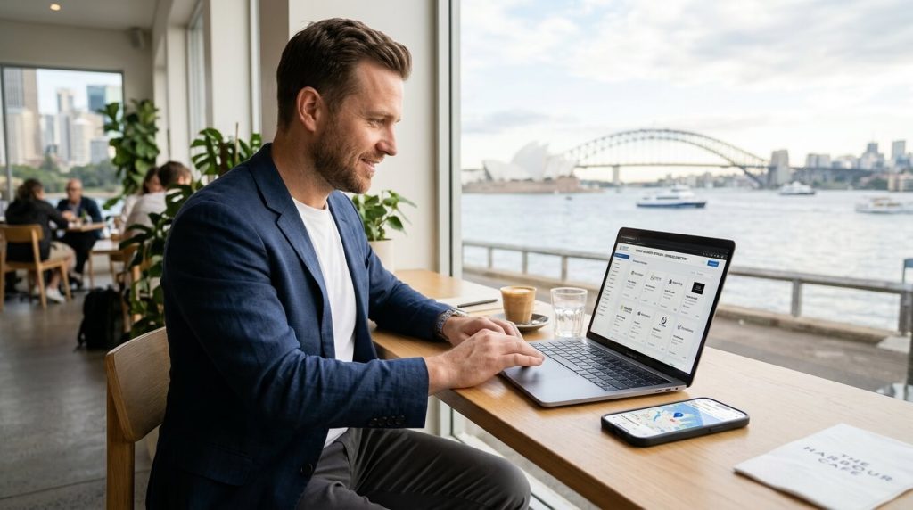 Sydney small business owner reviewing local directory listings and contact details on a laptop