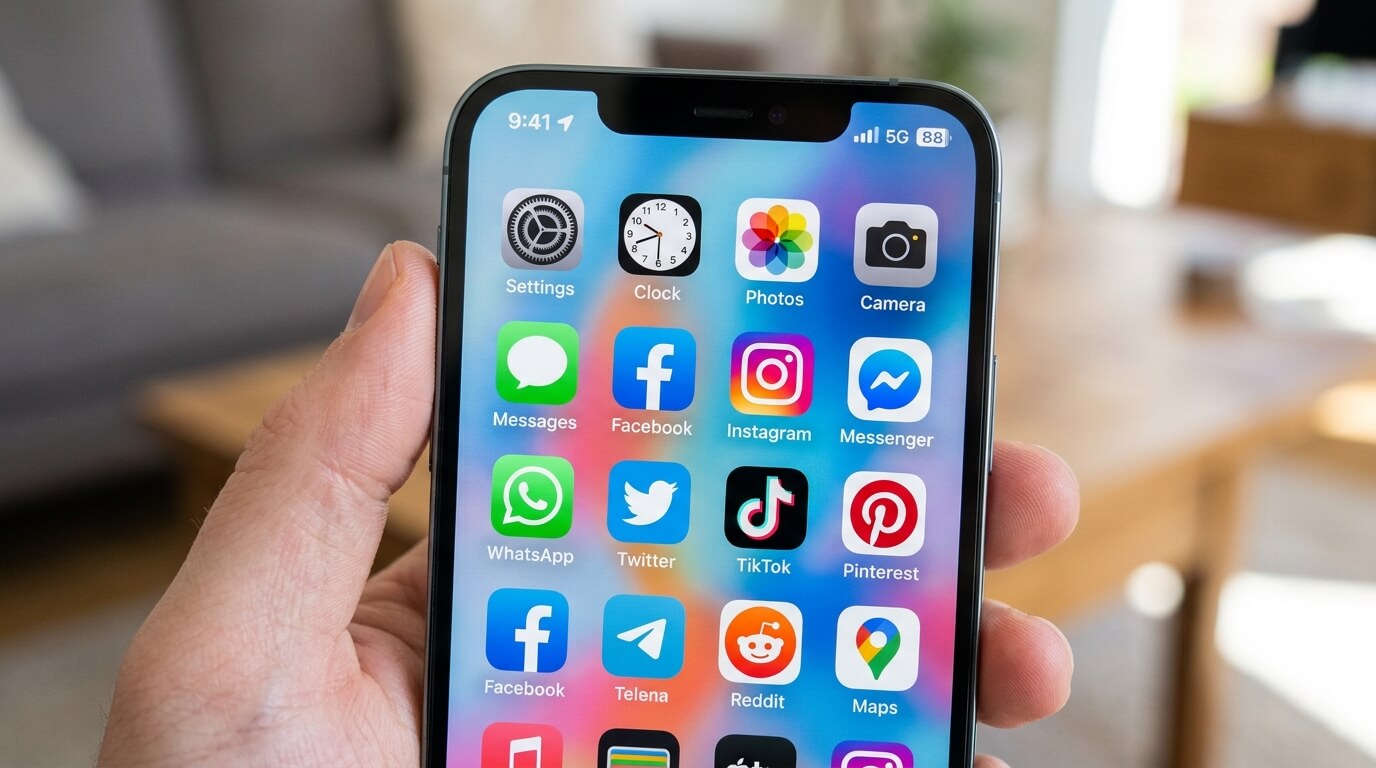 Close-up of a smartphone screen showing social media app icons including Facebook and Instagram