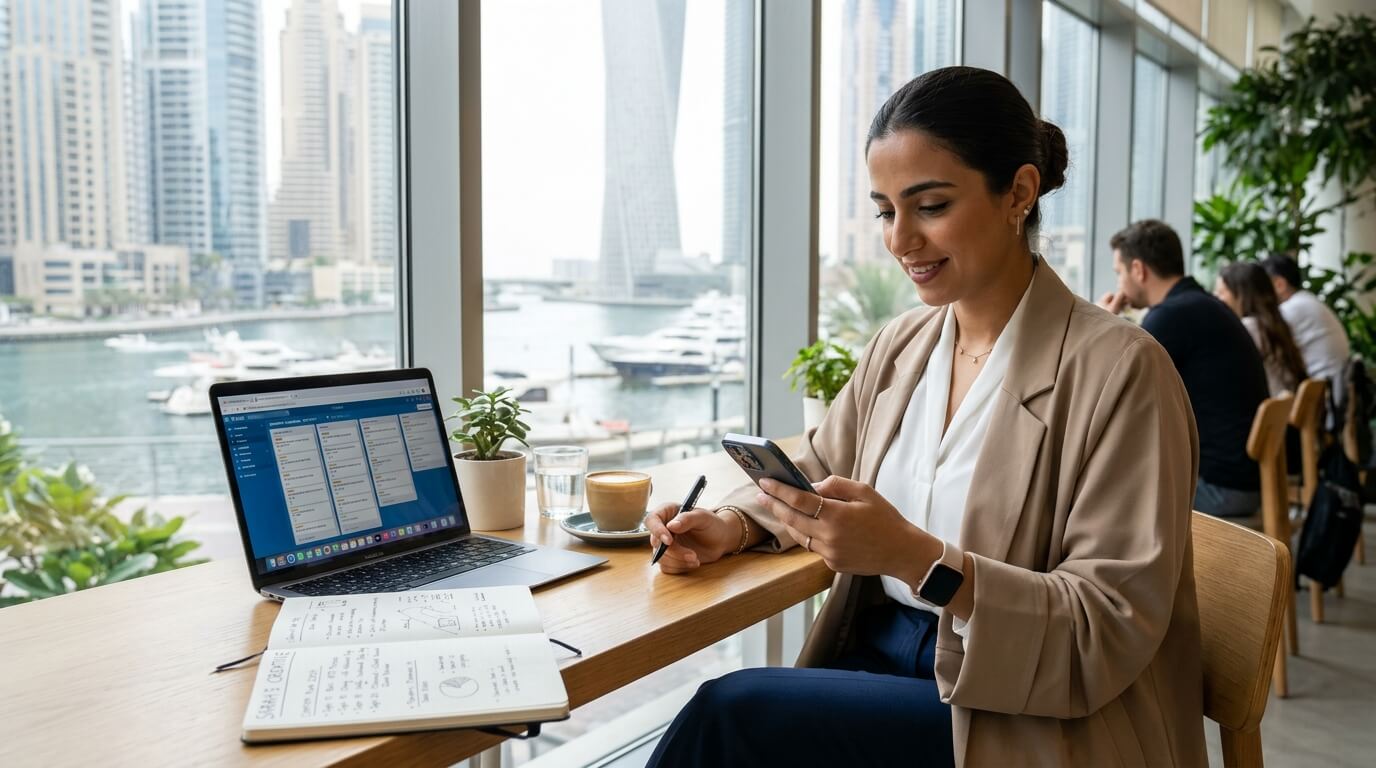 Dubai small business owner reviewing Instagram and planning a social media strategy on a phone and notebook